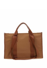 Borsa a tracolla marrone realizzata in tessuto resistente, con due manici robusti e una forma rettangolare strutturata. Presenta linee pulite e hardware minimal.
