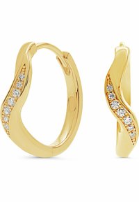 Guldörhängen med en vågig design, med en rad av sex små klara kristaller längs ena sidan, slät yta.