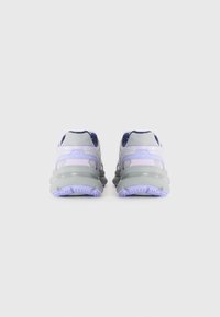Pair of chunky sneakers with gray, purple, and navy blue accents shown from the back on a plain white background.