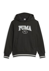 Felpa nera con cappuccio caratterizzata da un grande logo grigio "PUMA", tasca frontale e polsini e orlo a righe bianche. Tessuto liscio con una vestibilità comoda.