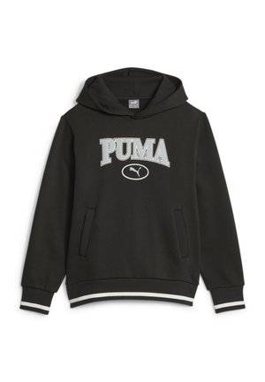 Felpa nera con cappuccio caratterizzata da un grande logo grigio "PUMA", tasca frontale e polsini e orlo a righe bianche. Tessuto liscio con una vestibilità comoda.