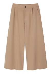 Beige wijde broek gemaakt van gladde stof met voorplooien en een enkele knoopsluiting bij de taille.