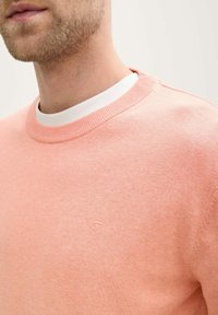Helles korallenfarbiges Strickpullover mit rundem Ausschnitt und weißem innerem Kragen. Verfügt über ein dezentes Logo auf der Brust und hat eine weiche Textur.