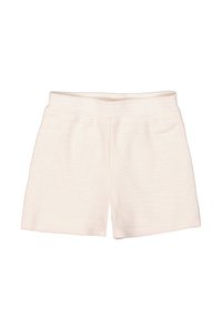 Pantalones cortos de color crema claro hechos de una tela texturizada con una cinturilla suave y elástica. Presenta un ajuste suelto y relajado y sin herrajes visibles.