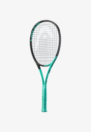 Tennis racket with a black and turquoise frame, featuring a textured handle and a grid pattern of strings across the head.