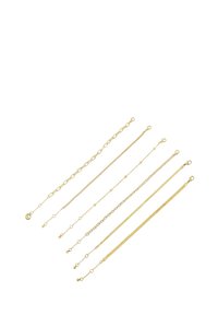 Set of five gold chains featuring various designs: flat, linked, and delicate patterns with different lengths and clasps.