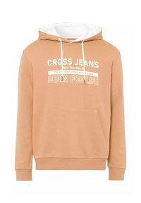 Beżowa bluza z kapturem z białymi sznureczkami, kieszenią z przodu oraz nadrukowanym tekstem "CROSS JEANS" i "DENIM FOR LIFE". Miękka tkanina.