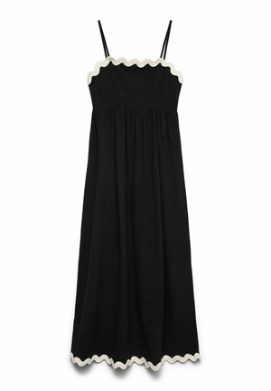 Robe midi noire sans manches avec fines bretelles et bordure blanche festonnée le long de l'encolure et de l'ourlet.