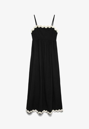 Musta varrukateta midi-kleit, õhukeste rihmade ja valge lainelise äärisega kaelusel ja alläärel.