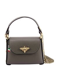 Grijze leren crossbodytas met een textuur oppervlak, gouden bij-embleem, gouden hardware en een kettingband. Voorzien van een accent met een driekleurige Italië-tag.