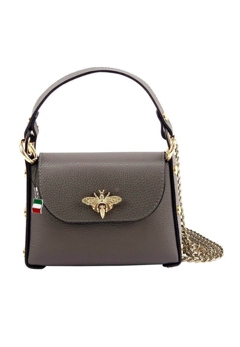 Grijze leren crossbodytas met een textuur oppervlak, gouden bij-embleem, gouden hardware en een kettingband. Voorzien van een accent met een driekleurige Italië-tag.