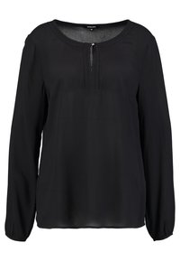 Schwarze Bluse mit langen Ärmeln aus leichtem Stoff und rundem Ausschnitt, mit einer vorderen Leiste und feinen Nähten entlang des Ausschnitts.