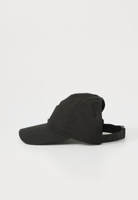 Black baseball cap with a curved brim, made from a lightweight fabric. Features an adjustable strap at the back and a breathable design.