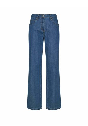 Jeans denim blu a gamba dritta con chiusura frontale con bottone e zip, tasche frontali e passanti per cintura, mostrati su uno sfondo bianco.