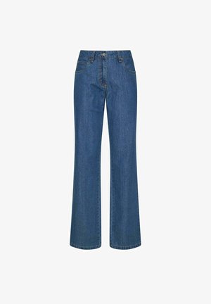 Jeans denim blu a gamba dritta con chiusura frontale con bottone e zip, tasche frontali e passanti per cintura, mostrati su uno sfondo bianco.