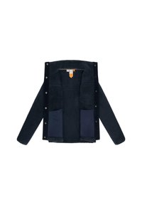 Giacca in pile blu navy con chiusura a bottoni, due grandi tasche e una finitura testurizzata. Rivestimento interno liscio per un comfort aggiuntivo.