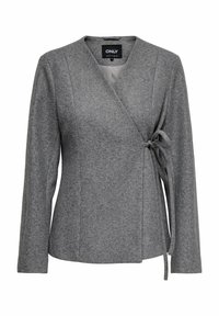 Grijze wikkeljack gemaakt van zachte, gestructureerde stof. Heeft een striksluiting in de taille, lange mouwen en een V-halsontwerp.