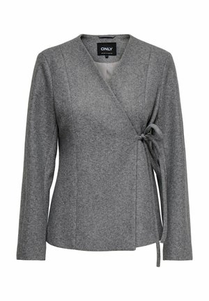 Veste enveloppante grise en tissu doux et texturé. Présente une fermeture à nouer à la taille, des manches longues et un design en V.