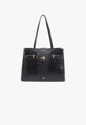 Black crocodile-embossed handbag with dual handles, a structured shape, metallic accents, and a central clasp closure.