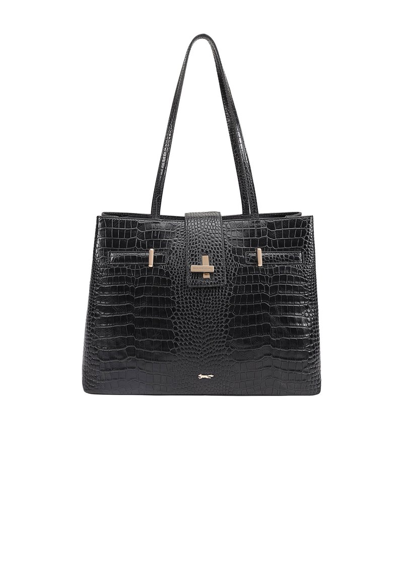 Sac à main en cuir noir gaufré crocodile avec poignées doubles, une forme structurée, des accents métalliques et une fermeture à clip centrale.