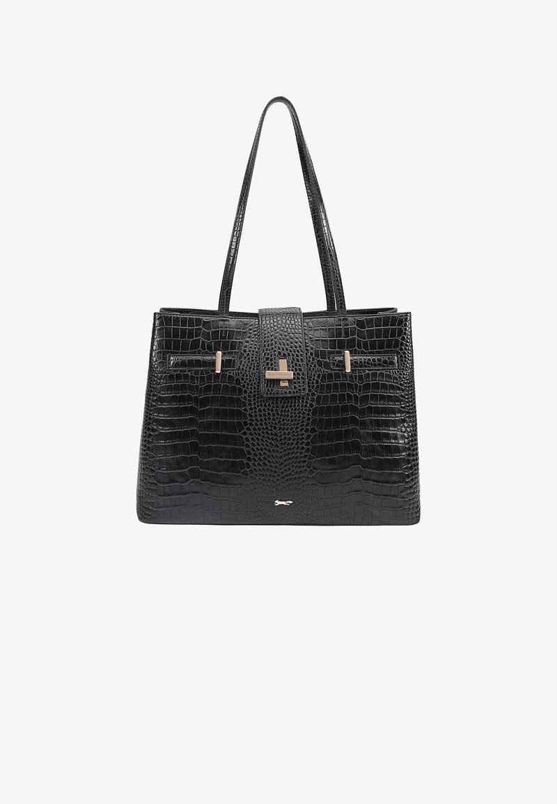 Sac à main en cuir noir gaufré crocodile avec poignées doubles, une forme structurée, des accents métalliques et une fermeture à clip centrale.