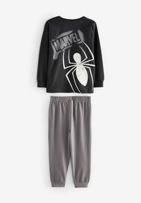 Zwart lange mouwen shirt met een witte Spider-Man print en "Marvel" tekst, gecombineerd met grijze elastische taillebroek. Zacht katoenmateriaal.
