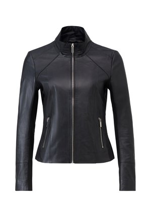 Schwarze Lederjacke mit Stehkragen, Frontreißverschluss und zwei seitlichen Reißverschlusstaschen. Besitzt ein tailliertes Design und eine glatte Textur.