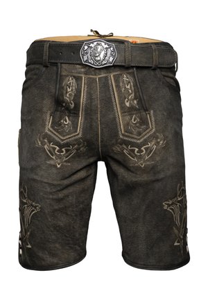 Dark leather shorts with a woven texture, featuring intricate embroidery, side pockets, and a decorative belt buckle with animal motifs.