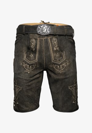 Dark leather shorts with a woven texture, featuring intricate embroidery, side pockets, and a decorative belt buckle with animal motifs.