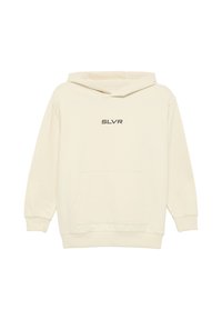 Krémová mikina s kapucňou vyrobená z mäkkej tkaniny, s predným vreckom typu kangaroo a čiernym logom "SLVR" na hrudi.