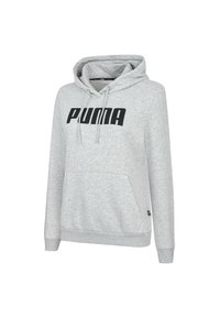 Felpa con cappuccio grigia chiara realizzata in tessuto morbido, con tasca frontale e logo "PUMA" nero sul petto. Stringhe sul cappuccio.