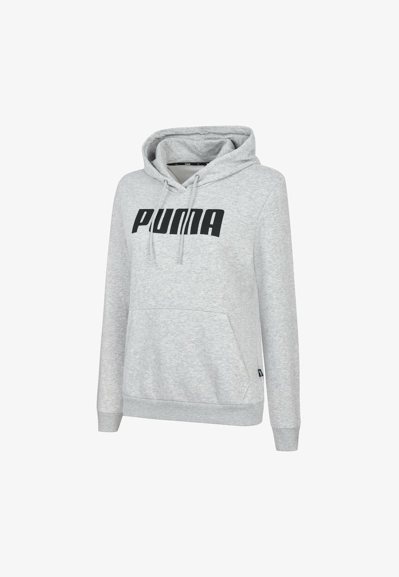 Light grey hoodie made from soft fabric, featuring a front pocket and a black "PUMA" logo across the chest. Drawstrings on the hood.