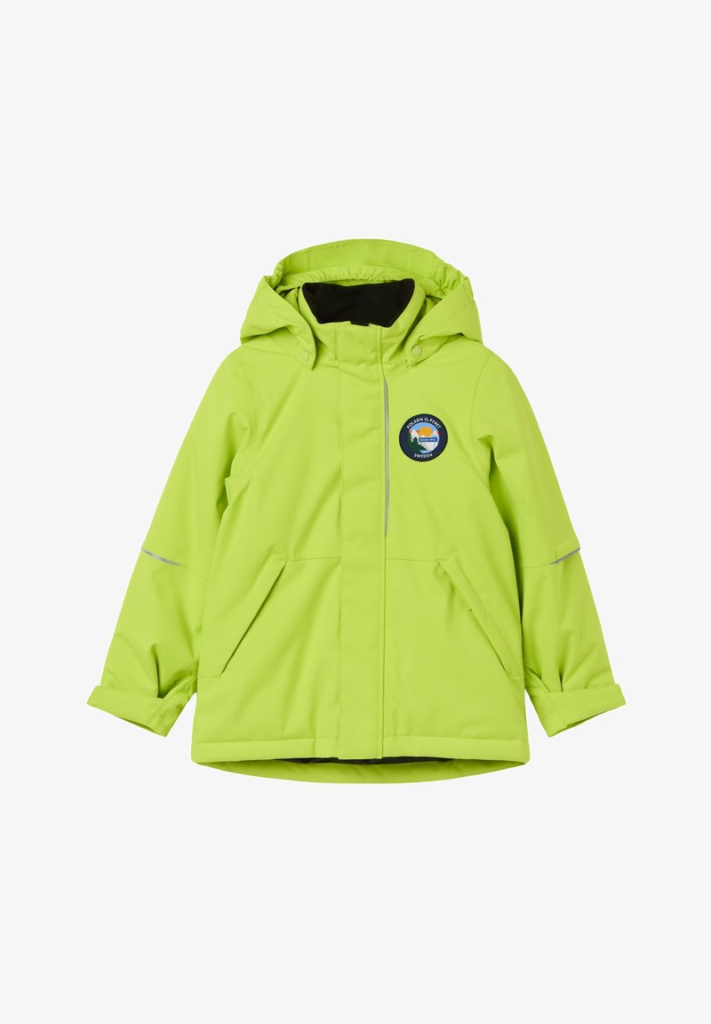 Kirkas vihreä vedenpitävä takki huppulla, jossa on musta vuori, sivutaskut, heijastavat yksityiskohdat ja pyöreä logo rinnassa.