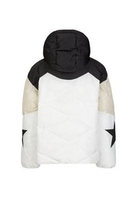 Padded jack met een zwarte capuchon, een witte body met een gestikt patroon, beige mouwen en contrasterende zwarte steraccenten aan de zijkanten.