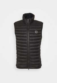 Gilet imbottito nero con colletto alto, chiusura con zip e tasche laterali. Presenta un design testurizzato e un logo circolare sulla parte superiore sinistra.