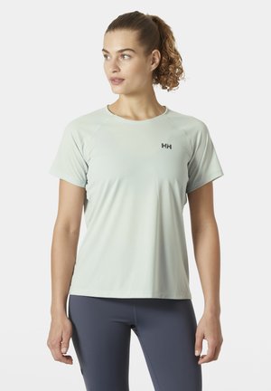 Lichtgroene sportt-shirt gemaakt van vochtafdrijvend materiaal met een ronde halslijn en korte mouwen. Bevat een klein zwart logo.