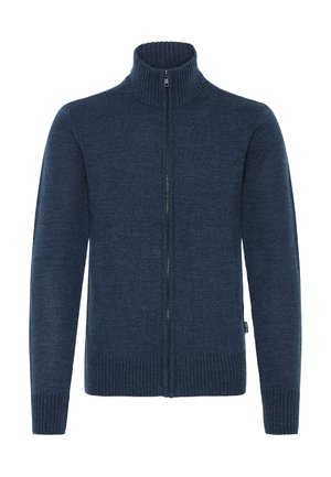 Marineblå zip-up sweater med høj ribstrikkrave, ribbede manchetter og kant. Blød strikket tekstur med en central lynlås.
