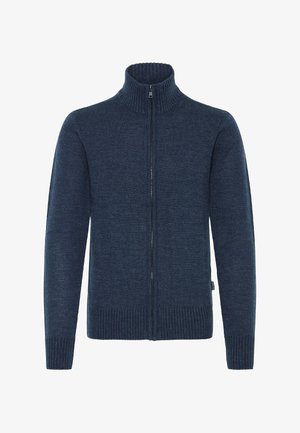 Gilet zippé bleu marine avec un col côtelé haut, des poignets côtelés et un ourlet côtelé. Texture en tricot douce avec une fermeture éclair centrale.