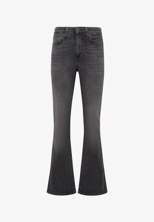 Flared jeans in dark gray denim with a smooth texture, featuring a button closure, five pockets, and a subtle fade toward the hems.