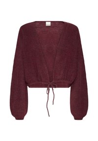Cardigan corto bordeaux in morbido tessuto knit. Presenta un profondo scollo a V, maniche lunghe a palloncino e chiusura con fiocco davanti.