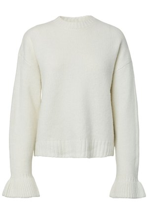 Bjela pletena majica s visokim ovratnikom, dugim rukavima i raširenim manžetama s rebrastom teksturom i skraćenim dizajnom.