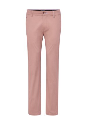 Helle rosa gerade geschnittene Hose aus einem glatten, strapazierfähigen Stoff. Verfügt über einen Reißverschluss, einen Knopfverschluss und akzentuierte Nähte entlang der Nähte.