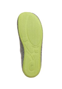 Grau gefütterte Einlegesohle mit einer strukturierten grünen Gummisohle. Verfügt über ein wellenförmiges Profil und eingravierten Text "MADE IN SPAIN" und "RUBBER SOLE."