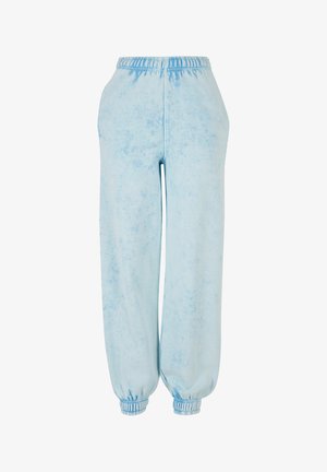 Light blue sweatpants with a tie-dye pattern, elastic waistband, and cuffed ankles. Soft fabric texture, casual fit, and side seam design.