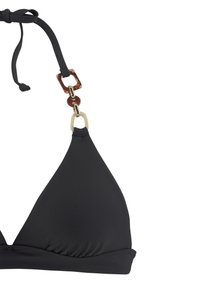 Svart bikinitopp med triangelform, featuring en knuten rem och en dekorativ spänne i sköldpaddsdesign.