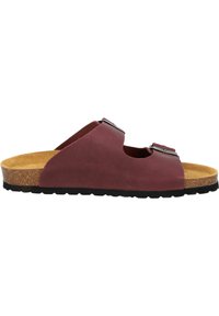 Sandalo in pelle bordeaux con plantare in sughero, design a punta aperta, due cinturini regolabili con attrezzatura metallica e suola in gomma nera durevole.