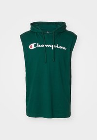 Zelená bezrukávová mikina z bavlny, s přední kapsou, šňůrkami a bílým logem "Champion" přes hrudník.