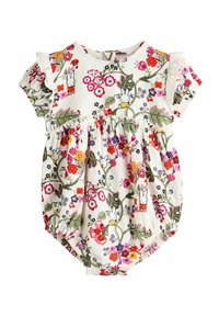 Combinaison bébé florale avec de courtes manches bouffantes et des accents en volants. Présente des motifs colorés de lapins et de fleurs sur un fond blanc. Manchons élastiques.