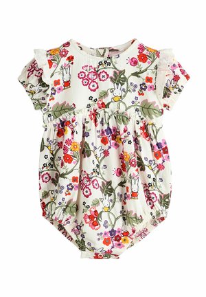 Blomster baby romper med korte pufærmer og volangdetaljer. Har farverige kanin- og blomstermønstre på en hvid baggrund. Elastiske manchetter.