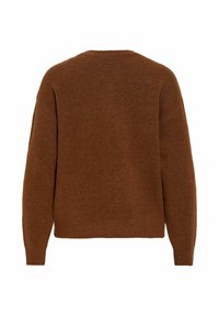 Rudas vilnonis megztinis laisvo silueto, su apvalia iškirpte ir ilgomis rankovėmis. Minkštos tekstūros su švelniu pūkeliu. Pavaizduota nugaros pusė.